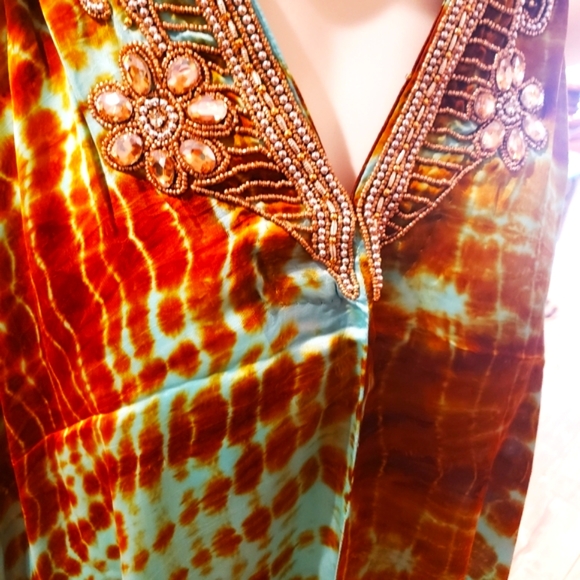 LAST ONE***MANISH VAID Ocean Dreams Turq. TIE DYE Hi-Lo Silk Emb. Dress-NWT-OS - Picture 3 of 9